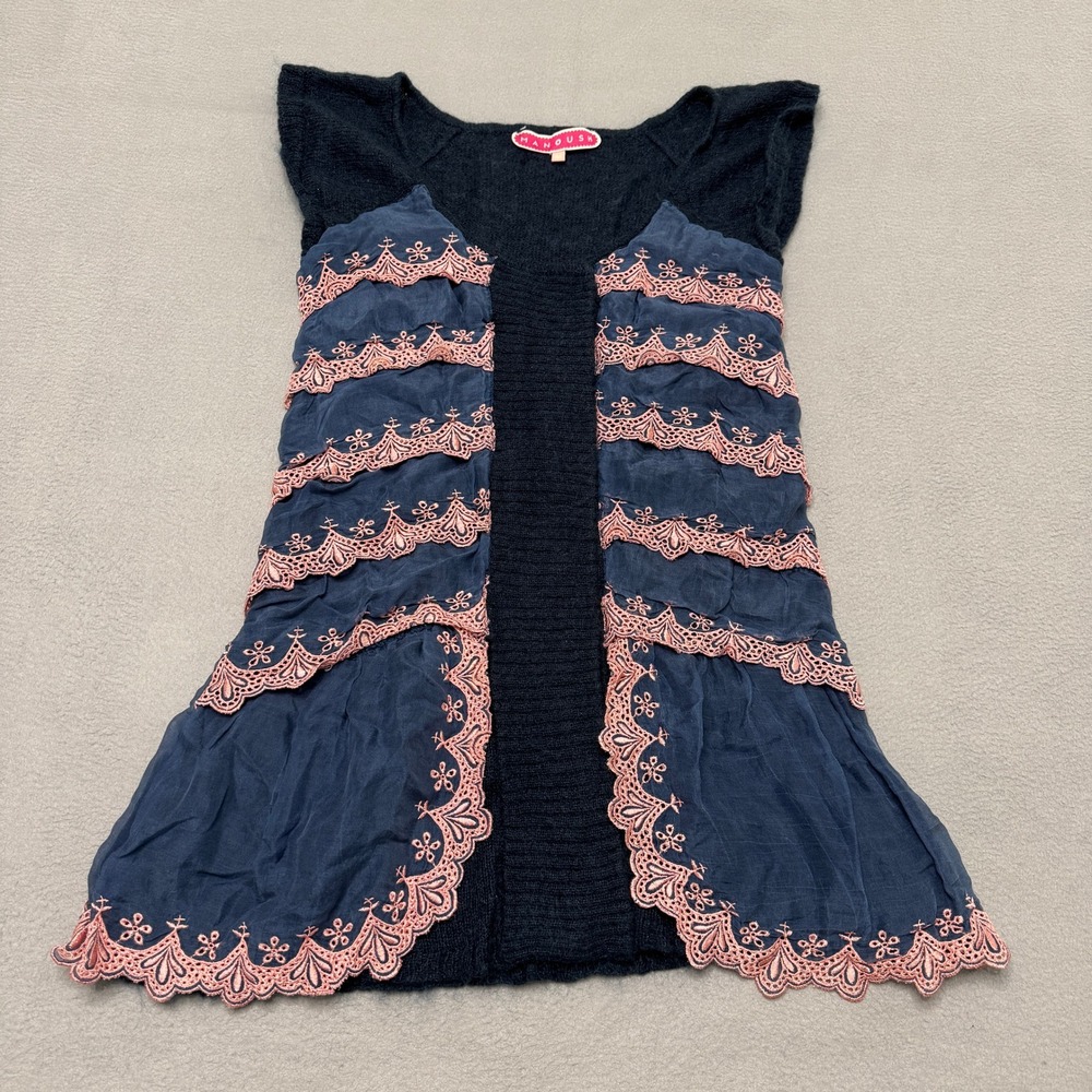 Manoush Knit Top Womens M Blue Mohair Wool Embroidered Lace Tiered Boho Cardigan